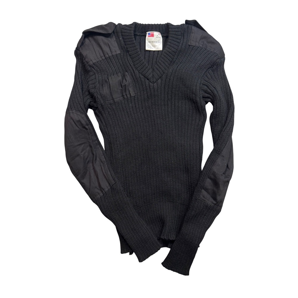 Rothco Mens 40 Wool Commando Sweater Black V-Neck Ribbed Military Pullover